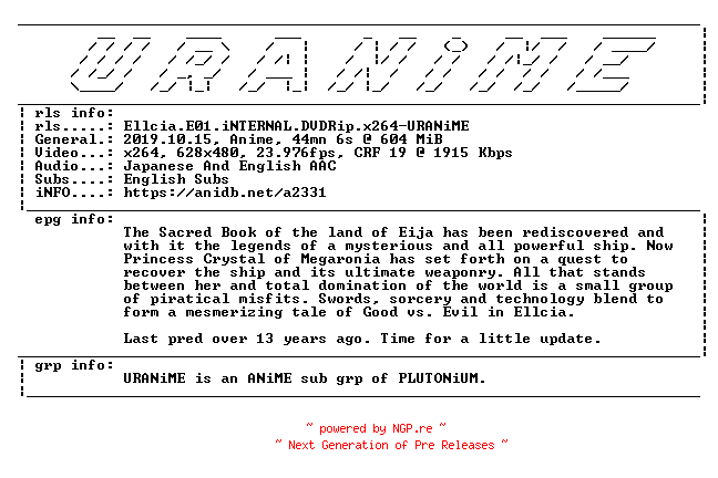 NFO for the release Ellcia.E01.iNTERNAL.DVDRip.x264-URANiME by URANiME