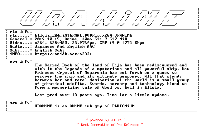 NFO for the release Ellcia.E04.iNTERNAL.DVDRip.x264-URANiME by URANiME