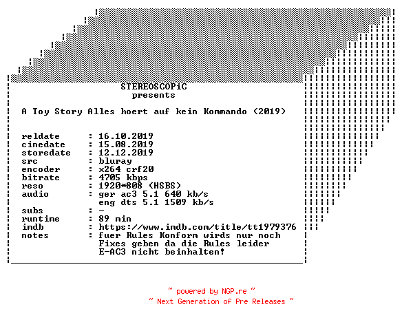 NFO for the release A.Toy.Story.Alles.hoert.auf.kein.Kommando.3D.2019.German.DL.1080p.BluRay.x264.AUDiOFiX-STEREOSCOPiC by STEREOSCOPiC