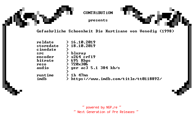 NFO for the release Gefaehrliche.Schoenheit.Die.Kurtisane.von.Venedig.1998.German.BDRip.x264-CONTRiBUTiON by CONTRiBUTiON