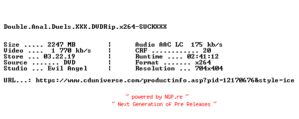 NFO for the release Double.Anal.Duels.XXX.DVDRip.x264-SUCKXXX by SUCKXXX