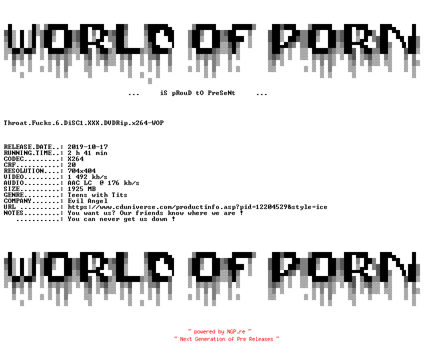 NFO for the release Throat.Fucks.6.DiSC1.XXX.DVDRip.x264-WOP by WOP