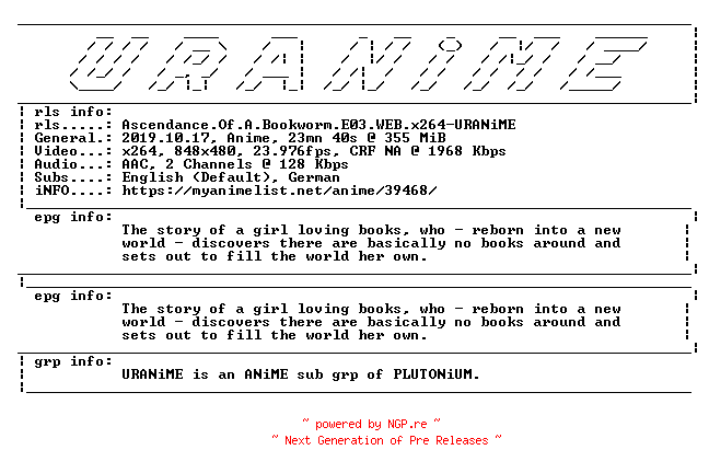 NFO for the release Ascendance.Of.A.Bookworm.E03.WEB.x264-URANiME by URANiME