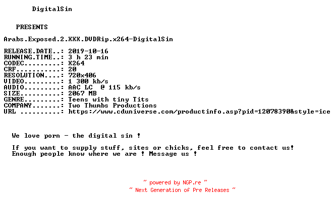 NFO for the release Arabs.Exposed.2.XXX.DVDRip.x264-DigitalSin by DigitalSin