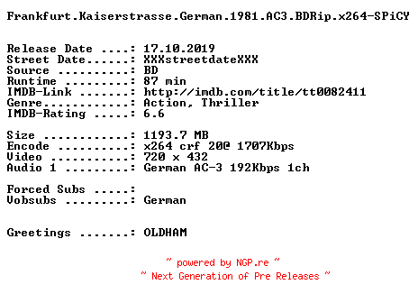 NFO for the release Frankfurt.Kaiserstrasse.German.1981.AC3.BDRip.x264-SPiCY by SPiCY