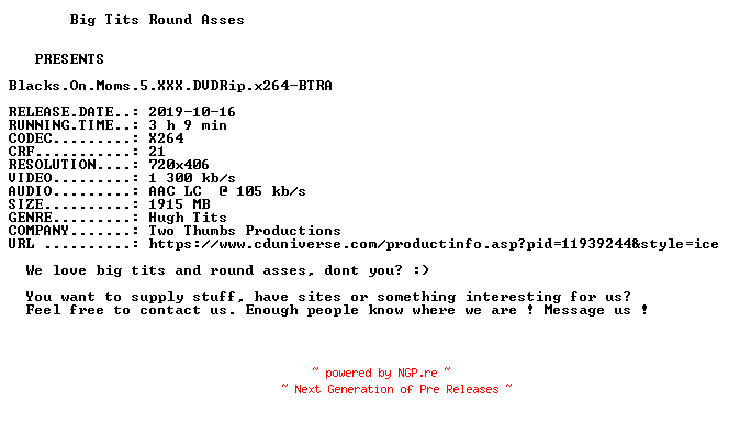 NFO for the release Blacks.On.Moms.5.XXX.DVDRip.x264-BTRA by BTRA
