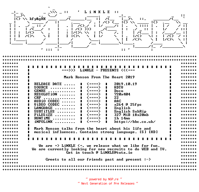 NFO for the release Mark.Ronson.From.The.Heart.2019.HDTV.x264-LiNKLE by LiNKLE