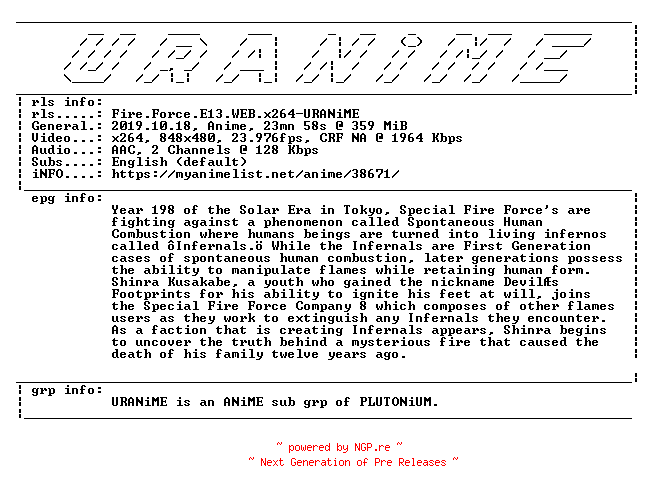 NFO for the release Fire.Force.E13.WEB.x264-URANiME by URANiME