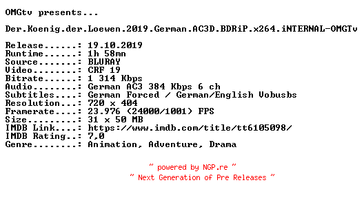 NFO for the release Der.Koenig.der.Loewen.2019.German.AC3D.BDRiP.x264.iNTERNAL-OMGTv by OMGTv