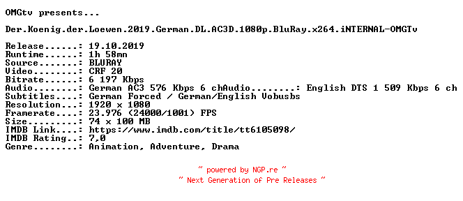 NFO for the release Der.Koenig.der.Loewen.2019.German.DL.AC3D.1080p.BluRay.x264.iNTERNAL-OMGTv by OMGTv