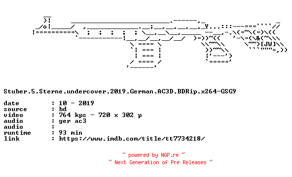 NFO for the release Stuber.5.Sterne.undercover.2019.German.AC3D.BDRip.x264-GSG9 by GSG9