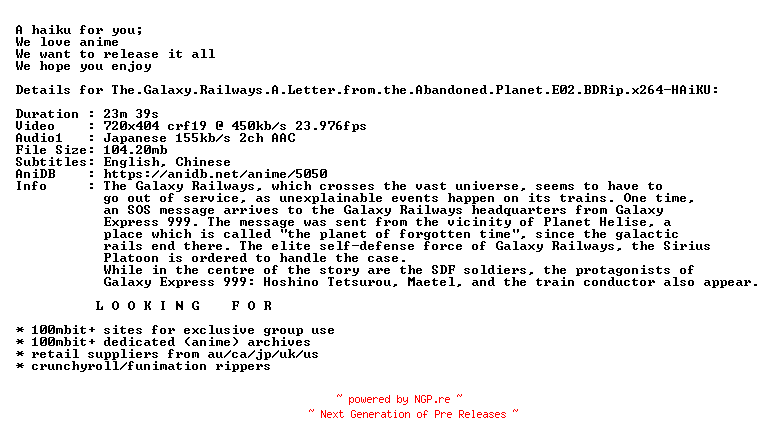 NFO for the release The.Galaxy.Railways.A.Letter.from.the.Abandoned.Planet.E02.BDRip.x264-HAiKU by HAiKU