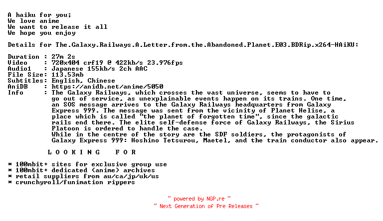 NFO for the release The.Galaxy.Railways.A.Letter.from.the.Abandoned.Planet.E03.BDRip.x264-HAiKU by HAiKU