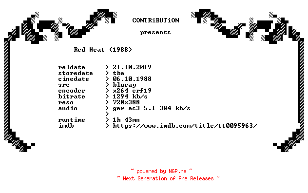 NFO for the release Red.Heat.1988.Remastered.German.BDRip.x264-CONTRiBUTiON by CONTRiBUTiON