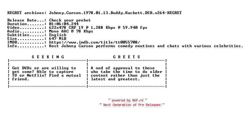 NFO for the release Johnny.Carson.1978.01.13.Buddy.Hackett.DSR.x264-REGRET by REGRET