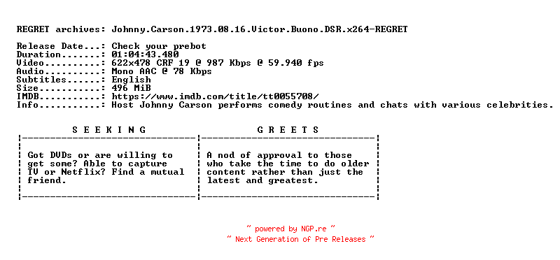 NFO for the release Johnny.Carson.1973.08.16.Victor.Buono.DSR.x264-REGRET by REGRET