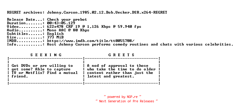 NFO for the release Johnny.Carson.1985.02.12.Bob.Uecker.DSR.x264-REGRET by REGRET