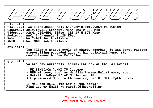 NFO for the release Tom.Allen.Absolutely.Live.2018.HDTV.x264-PLUTONiUM by PLUTONiUM