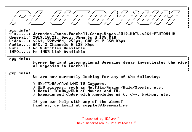 NFO for the release Jermaine.Jenas.Football.Going.Vegan.2019.HDTV.x264-PLUTONiUM by PLUTONiUM