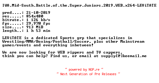 NFO for the release IWA.Mid-South.Battle.of.the.Super.Juniors.2019.WEB.x264-LEViTATE by LEViTATE