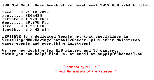 NFO for the release IWA.Mid-South.Heartbreak.After.Heartbreak.2019.WEB.x264-LEViTATE by LEViTATE