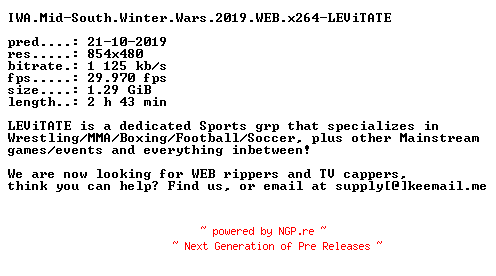 NFO for the release IWA.Mid-South.Winter.Wars.2019.WEB.x264-LEViTATE by LEViTATE