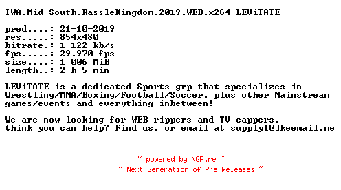 NFO for the release IWA.Mid-South.RassleKingdom.2019.WEB.x264-LEViTATE by LEViTATE