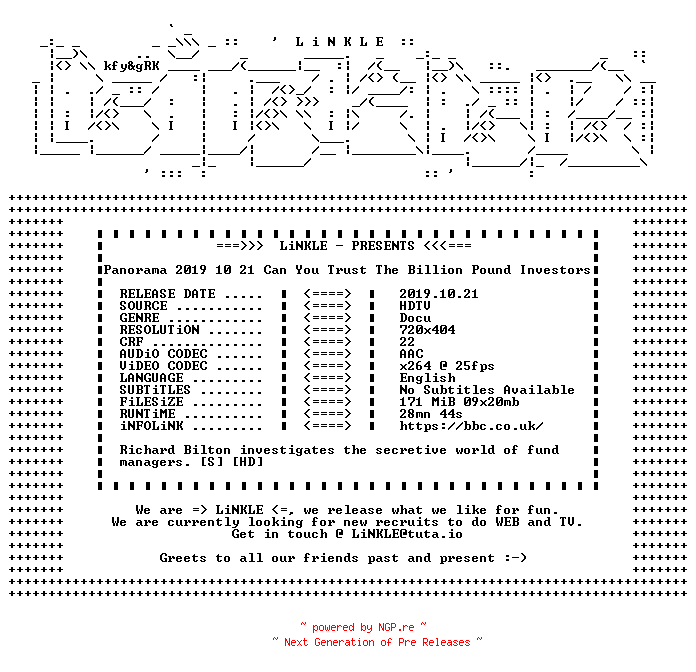 NFO for the release Panorama.2019.10.21.Can.You.Trust.The.Billion.Pound.Investors.HDTV.x264-LiNKLE by LiNKLE