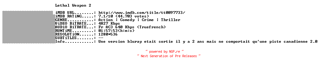 NFO for the release Lethal.Weapon.2.1989.FRENCH.720p.BluRay.x264-THENiGHTMAREiNHD by THENiGHTMAREiNHD