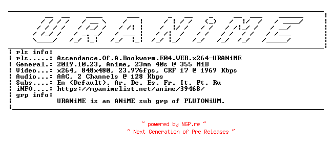 NFO for the release Ascendance.Of.A.Bookworm.E04.WEB.x264-URANiME by URANiME