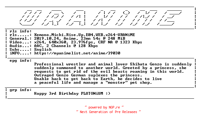 NFO for the release Kemono.Michi.Rise.Up.E04.WEB.x264-URANiME by URANiME