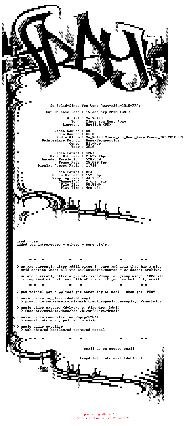 NFO for the release So_Solid-Since_You_Went_Away-x264-2010-FRAY by FRAY