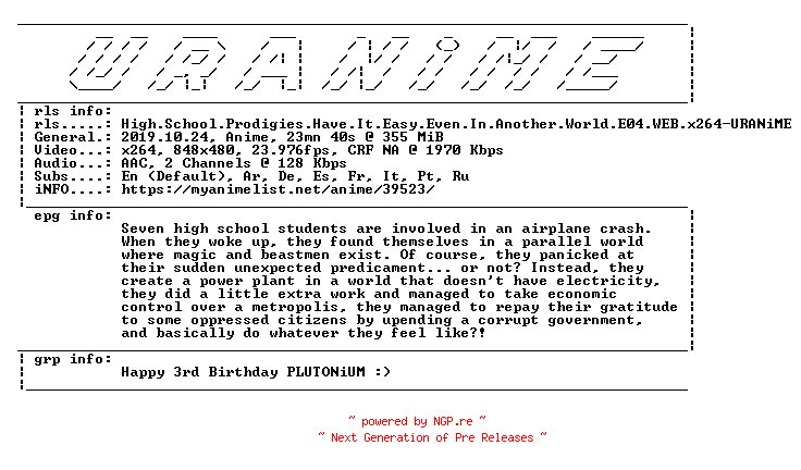 NFO for the release High.School.Prodigies.Have.It.Easy.Even.In.Another.World.E04.WEB.x264-URANiME by URANiME