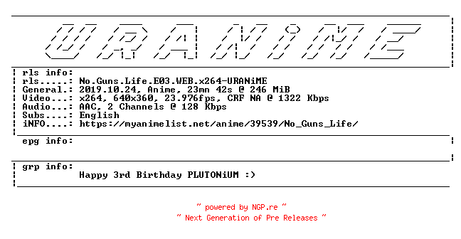 NFO for the release No.Guns.Life.E03.WEB.x264-URANiME by URANiME