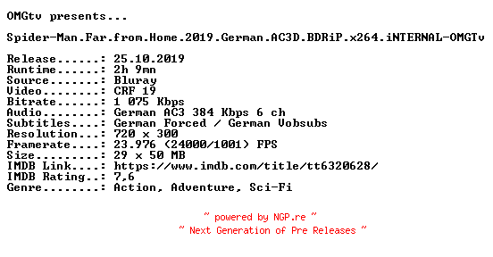 NFO for the release Spider-Man.Far.from.Home.2019.German.AC3D.BDRiP.x264.iNTERNAL-OMGTv by OMGTv
