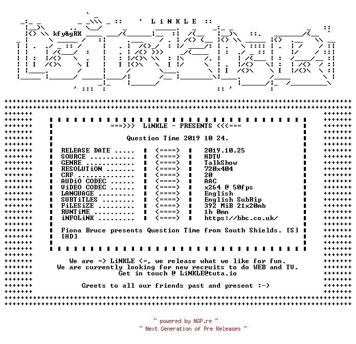 NFO for the release Question.Time.2019.10.24.HDTV.x264-LiNKLE by LiNKLE