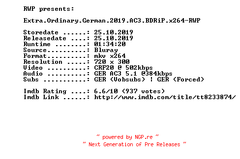 NFO for the release Extra.Ordinary.German.2019.AC3.BDRiP.x264-RWP by RWP