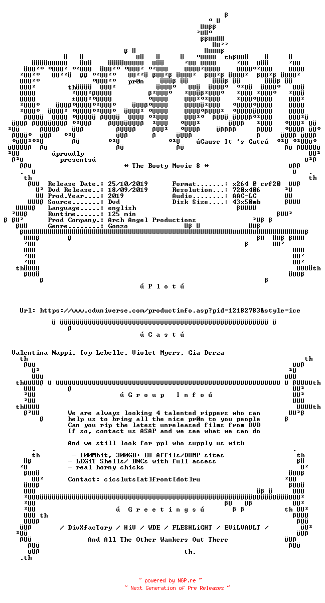 NFO for the release The.Booty.Movie.8.XXX.DVDRip.x264-CiCXXX by CiCXXX