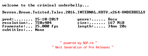NFO for the release Derren.Brown.Twisted.Tales.2016.INTERNAL.HDTV.x264-UNDERBELLY by UNDERBELLY