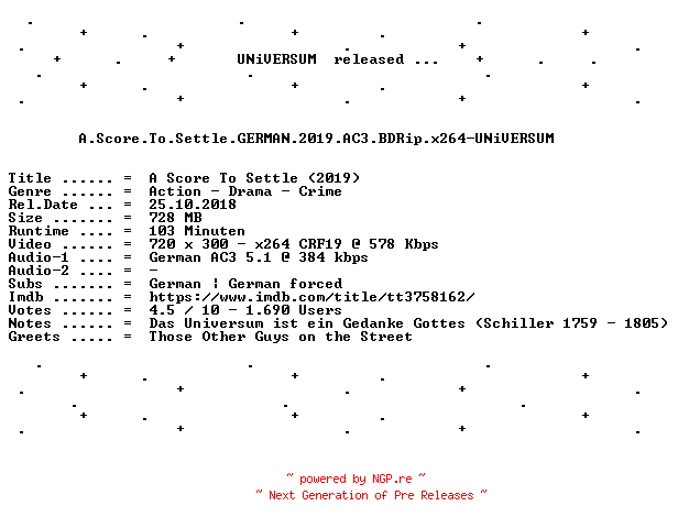NFO for the release A.Score.To.Settle.GERMAN.2019.AC3.BDRip.x264-UNiVERSUM by UNiVERSUM