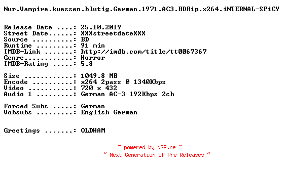 NFO for the release Nur.Vampire.kuessen.blutig.German.1971.AC3.BDRip.x264.iNTERNAL-SPiCY by SPiCY
