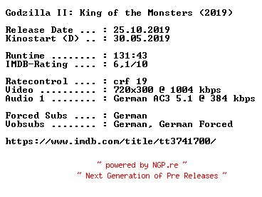 NFO for the release Godzilla.II.King.of.the.Monsters.German.2019.AC3.BDRip.x264-COiNCiDENCE by COiNCiDENCE