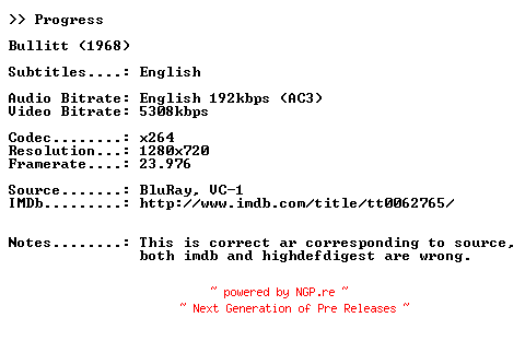 NFO for the release Bullitt.1968.DVD5.720p.BluRay.x264-PROGRESS by PROGRESS