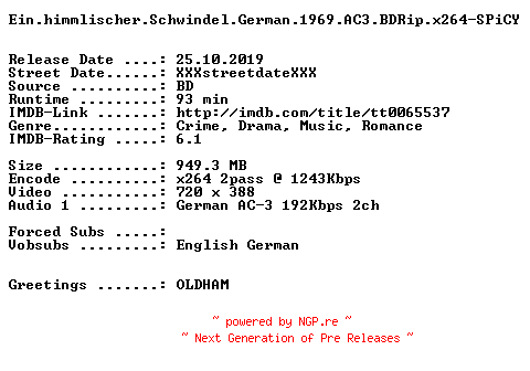 NFO for the release Ein.himmlischer.Schwindel.German.1969.AC3.BDRip.x264-SPiCY by SPiCY