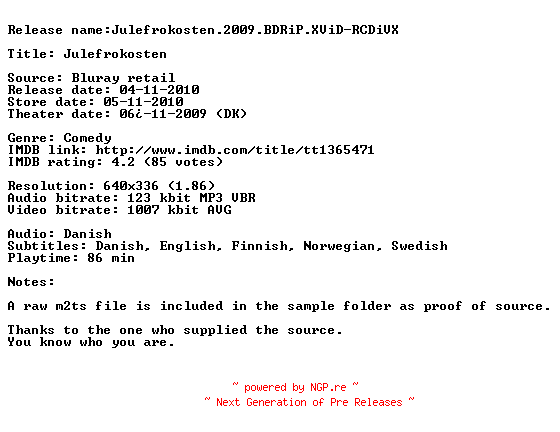 NFO for the release Julefrokosten.2009.BDRiP.XViD-RCDiVX by RCDiVX
