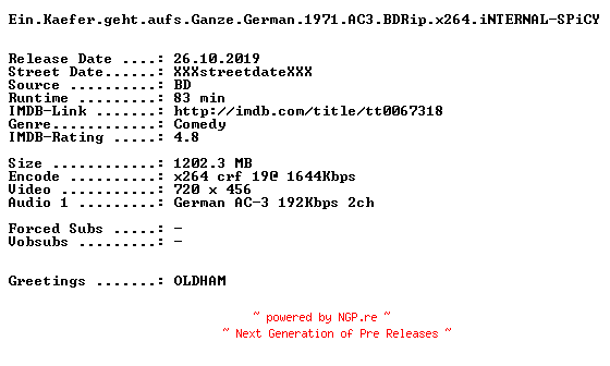 NFO for the release Ein.Kaefer.geht.aufs.Ganze.German.1971.AC3.BDRip.x264.iNTERNAL-SPiCY by SPiCY