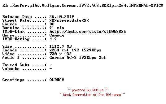 NFO for the release Ein.Kaefer.gibt.Vollgas.German.1972.AC3.BDRip.x264.iNTERNAL-SPiCY by SPiCY