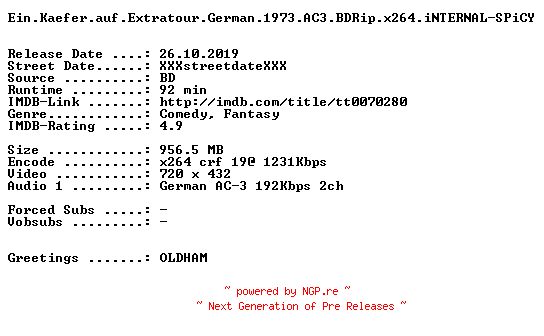 NFO for the release Ein.Kaefer.auf.Extratour.German.1973.AC3.BDRip.x264.iNTERNAL-SPiCY by SPiCY
