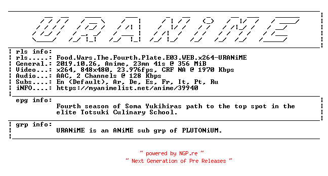 NFO for the release Food.Wars.The.Fourth.Plate.E03.WEB.x264-URANiME by URANiME