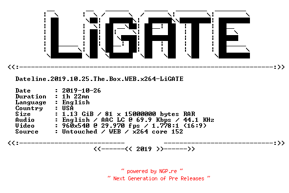 NFO for the release Dateline.2019.10.25.The.Box.WEB.x264-LiGATE by LiGATE